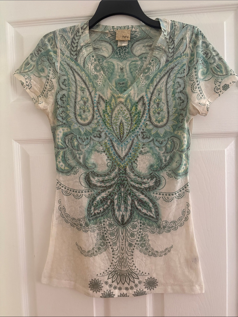 Women’s M V-Neck Paisley Print Short Sleeve Top - Green